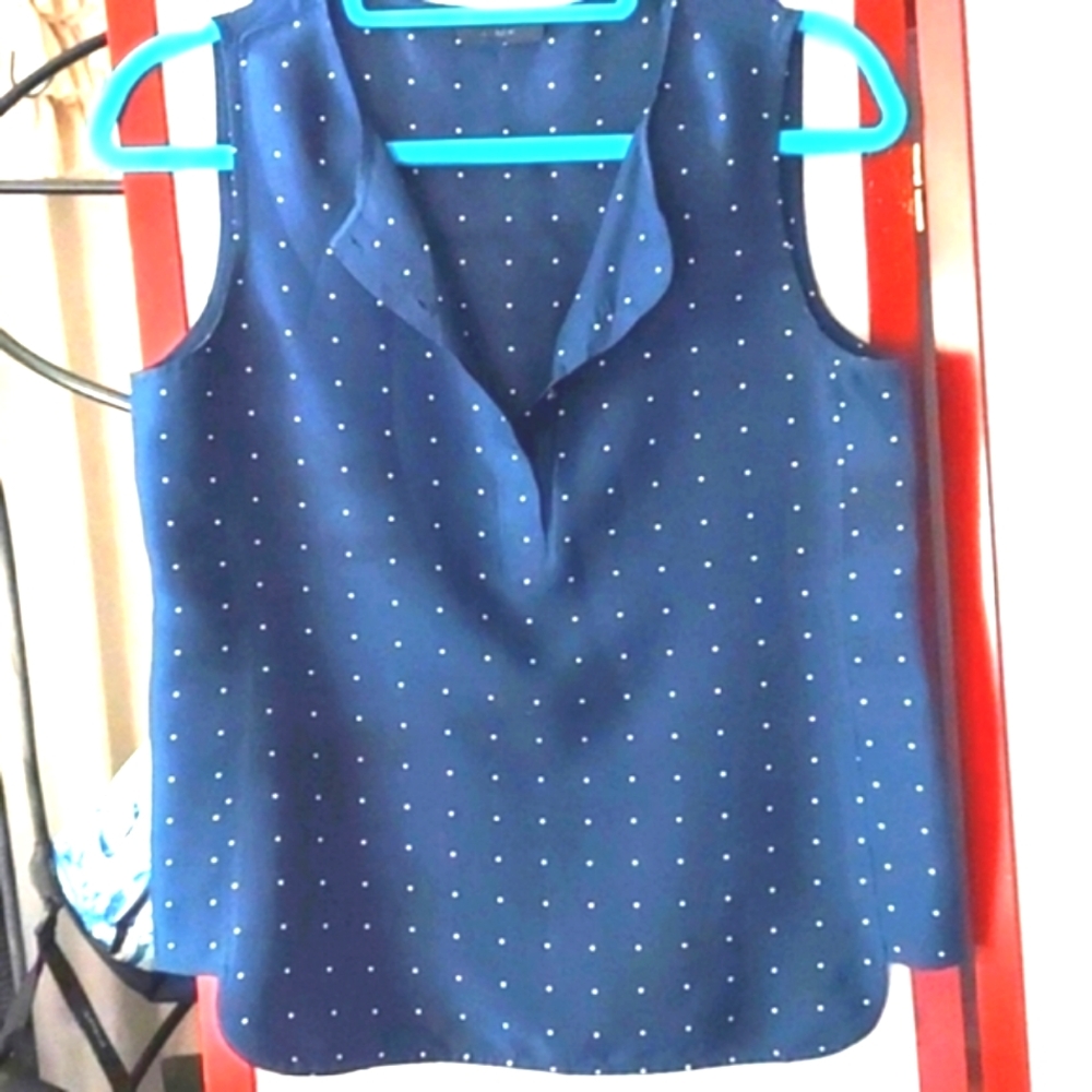 J. Crew Silk Polka Dot Blue Sleeveless Blouse Button Down Size 8